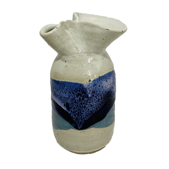 Vintage OOAK handcrafted signed stoneware sake bottle studio pottery gray blue - Picture 1 of 8